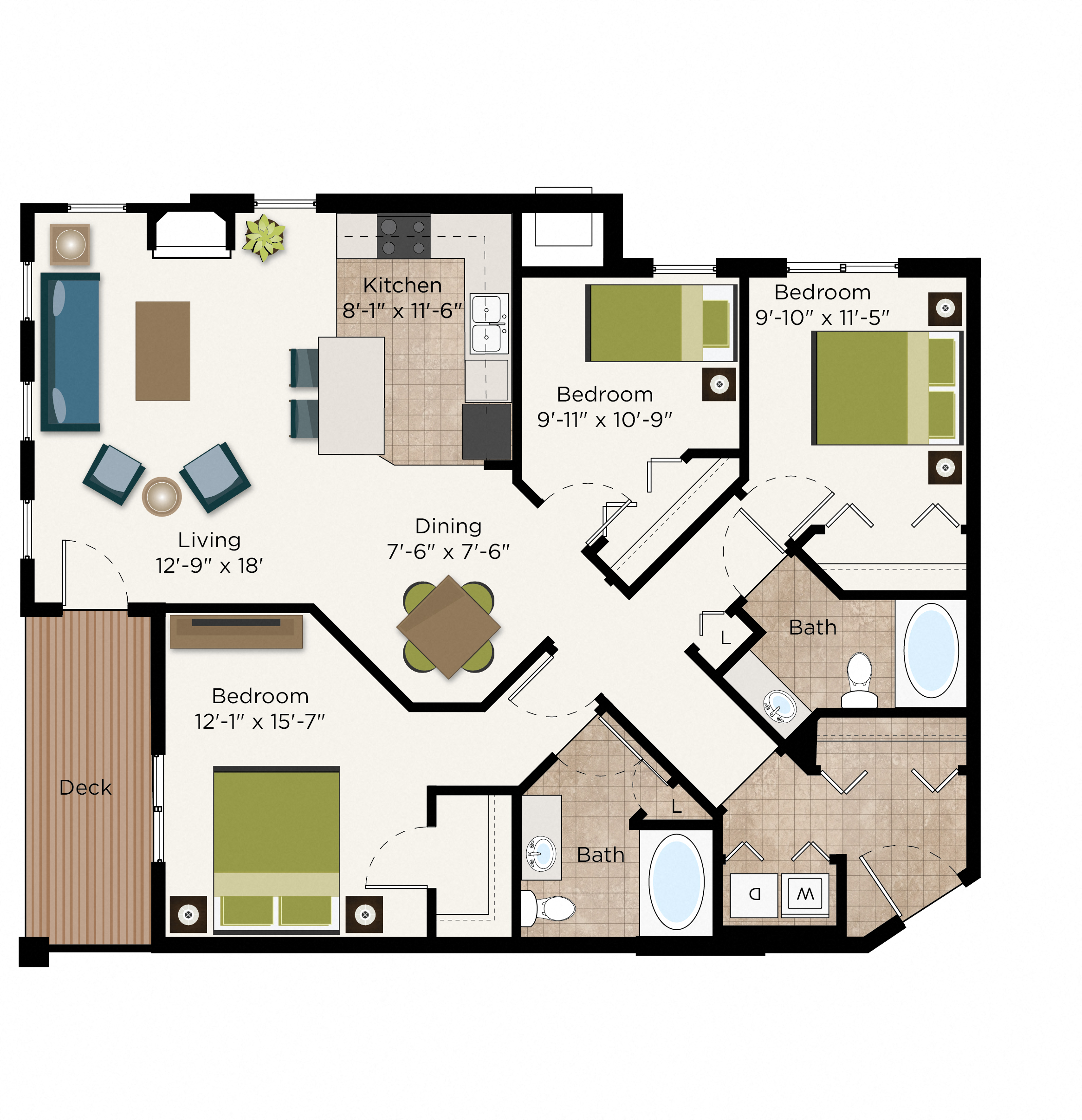 Floor plan for 3 beds, 2 baths, 1356 sqft